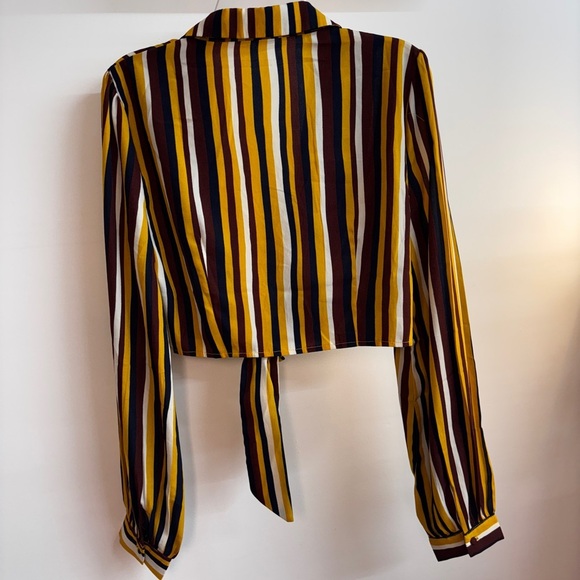 Yellow Multicolor Striped Blouse Long Sleeve Crop Top - Picture 3 of 3
